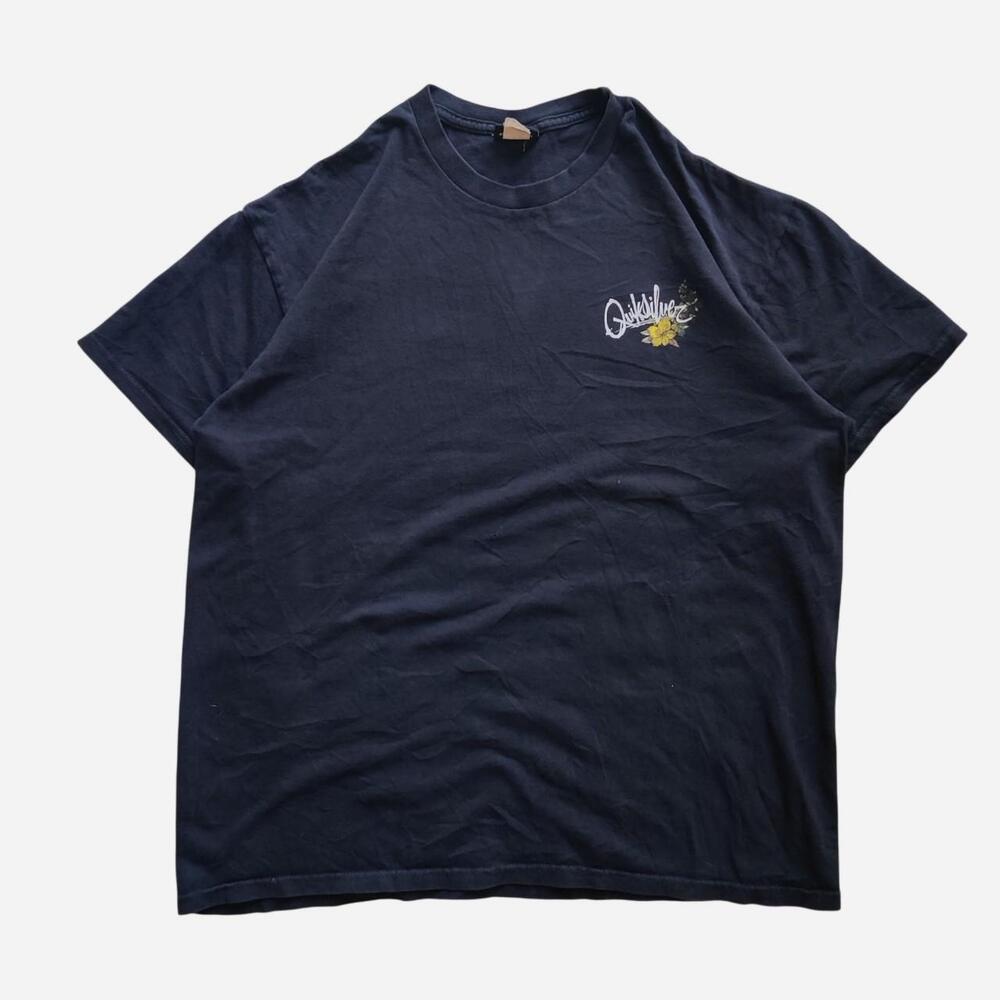 Y2K Quiksilver faded black t-shirt with white 'Quiksilver' logo and yellow flowe